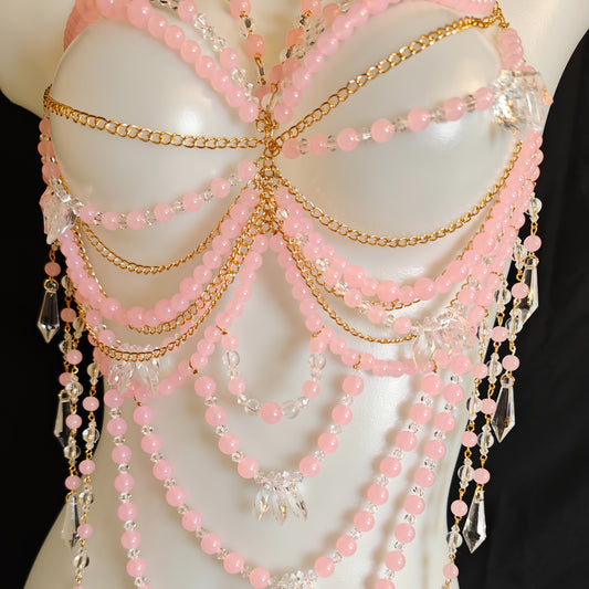 كورسيه يدوي من الخرز الوردي