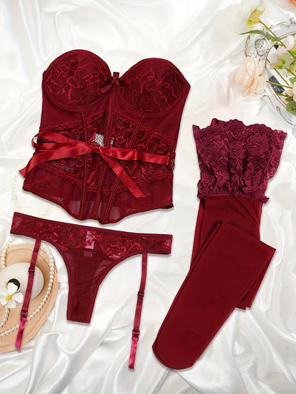 طقم لانجري دانتيل أحمر أنيق للنساء