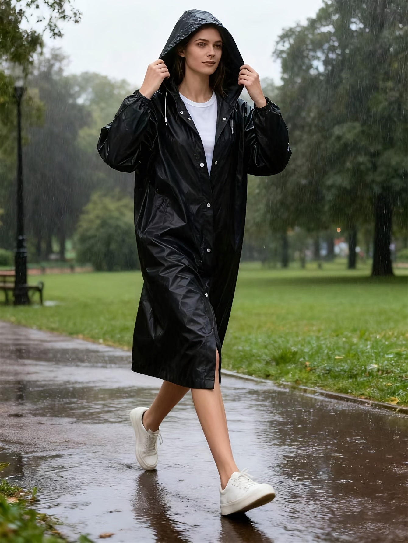 معطف مطر أسود مقاوم للرياح للبالغين