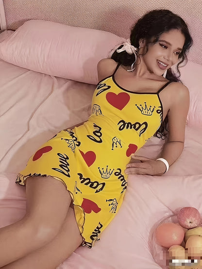 فستان نوم نسائي أصفر مزخرف