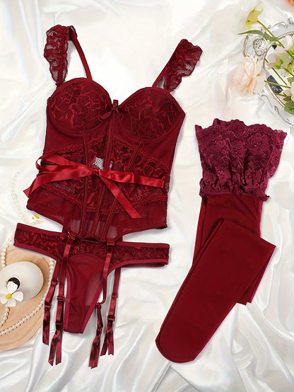 طقم لانجري دانتيل أحمر أنيق للنساء