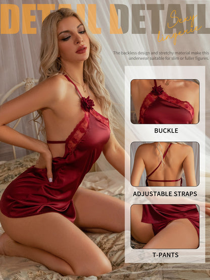 فستان نوم دوامة أحمر مع دانتيل