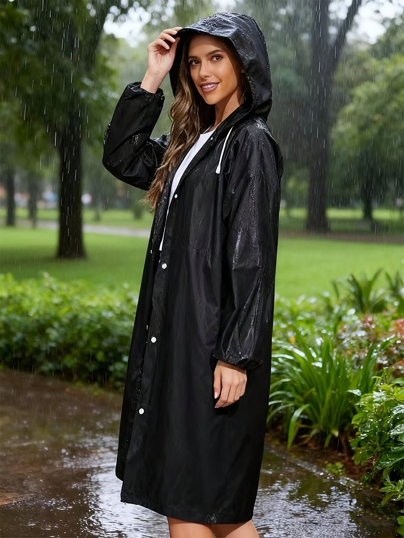 معطف مطر أسود مقاوم للرياح للبالغين