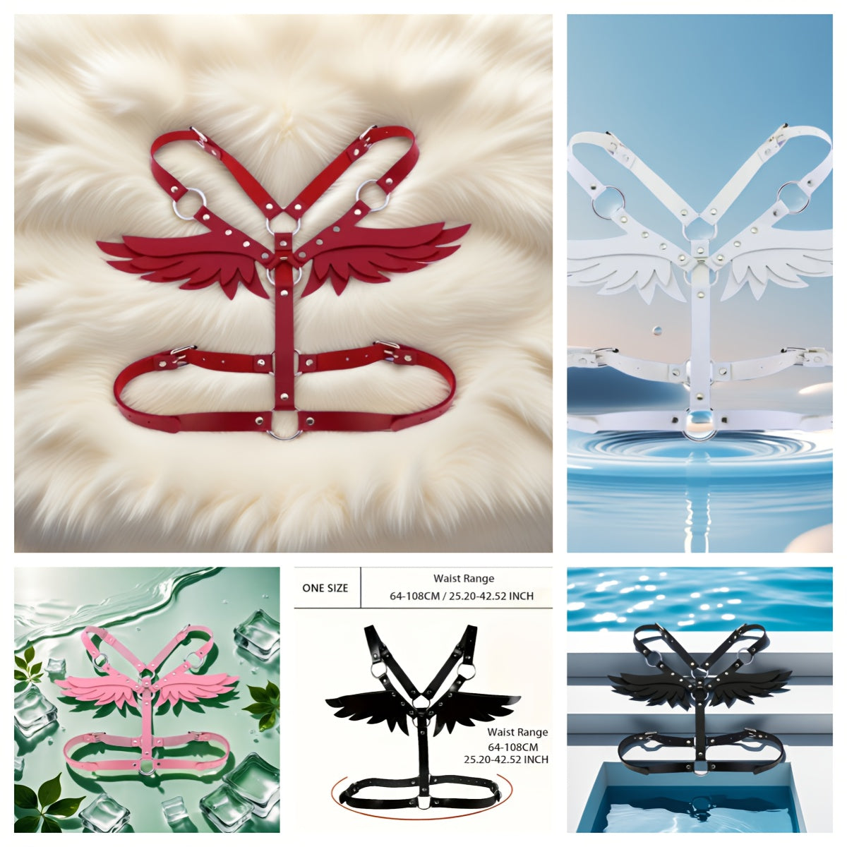 حزام بأجنحة ملاك أسود/أبيض/وردي/أحمر