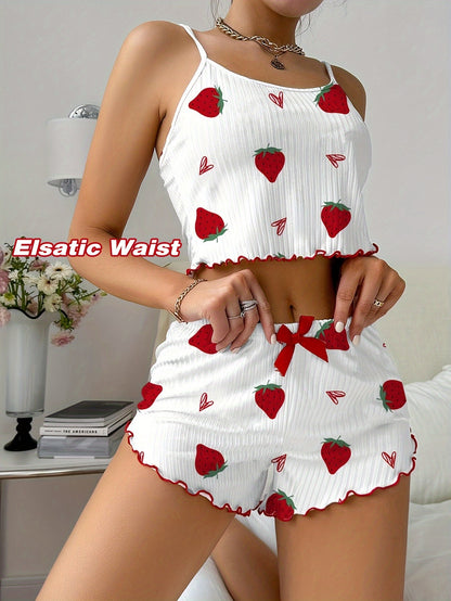 طقم بيجامة نسائية بطبعة فراولة