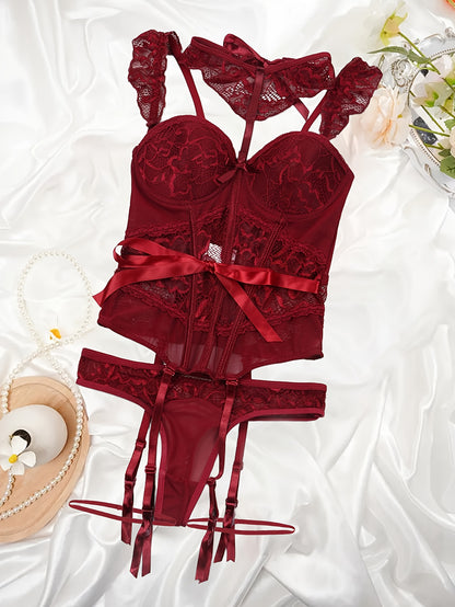 طقم لانجري دانتيل أحمر أنيق للنساء