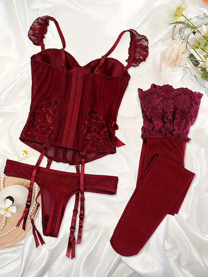طقم لانجري دانتيل أحمر أنيق للنساء