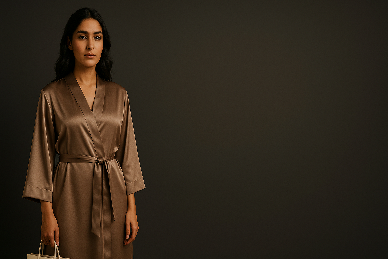 موديل ترتدي روب ساتان محتشم مع مساحة نصية على اليمين